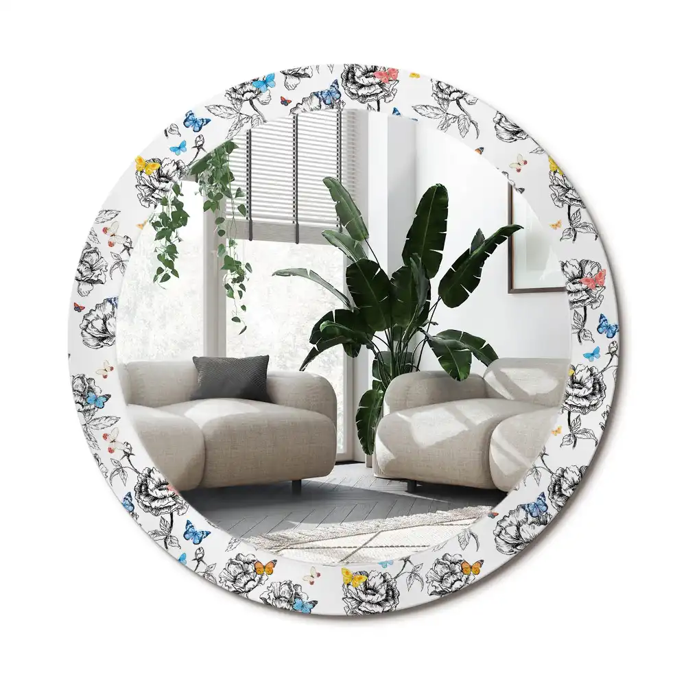 Rund spegel med tryckt ram Färgglada fjärilar