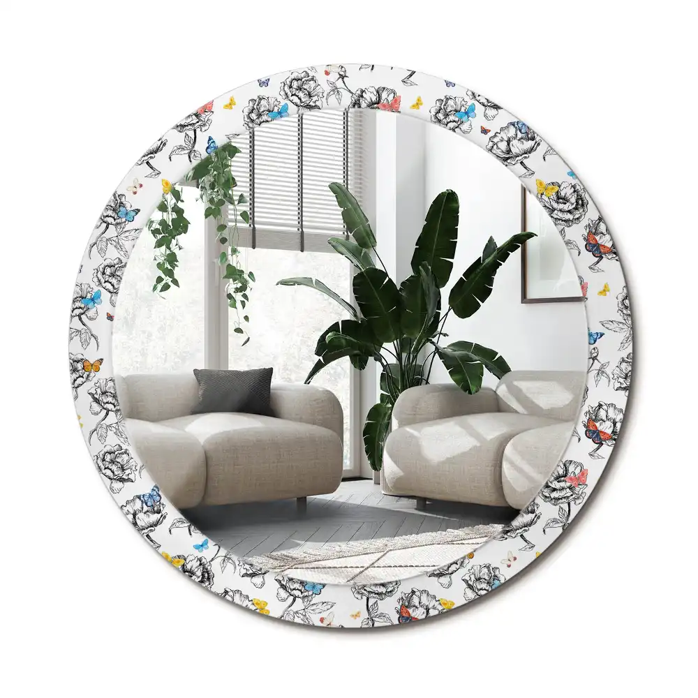 Rund spegel med tryckt ram Färgglada fjärilar