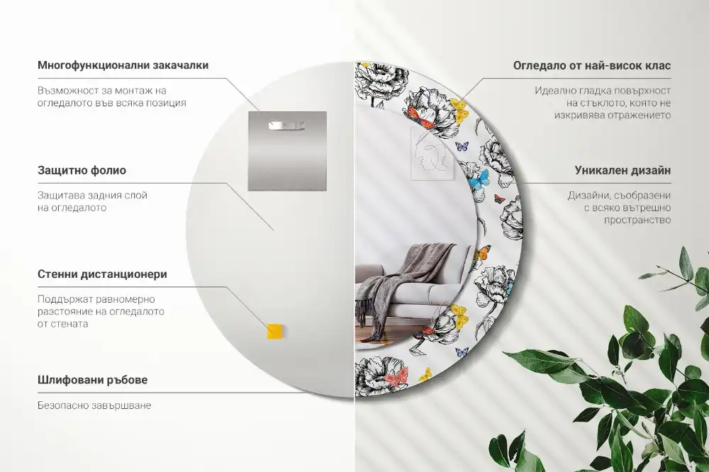 Rund spegel med tryckt ram Färgglada fjärilar