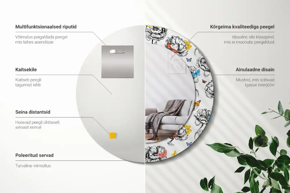 Rund spegel med tryckt ram Färgglada fjärilar