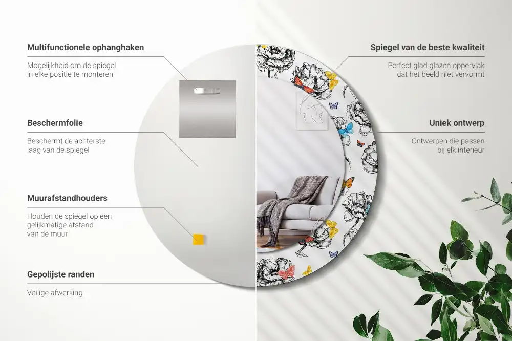 Rund spegel med tryckt ram Färgglada fjärilar