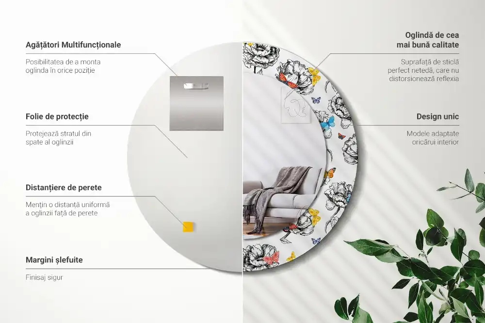 Rund spegel med tryckt ram Färgglada fjärilar