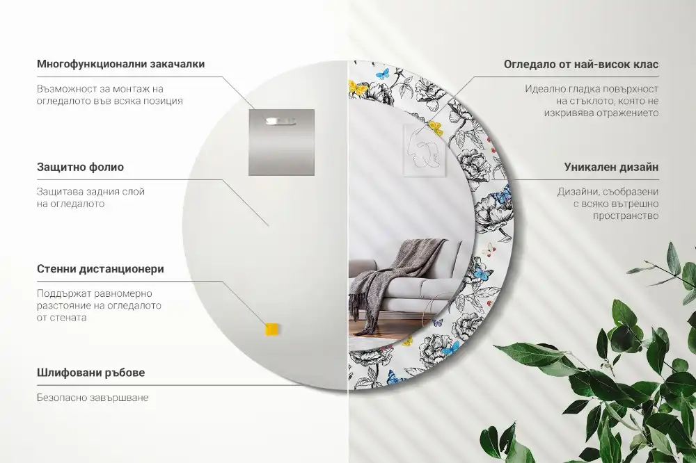 Rund spegel med tryckt ram Färgglada fjärilar