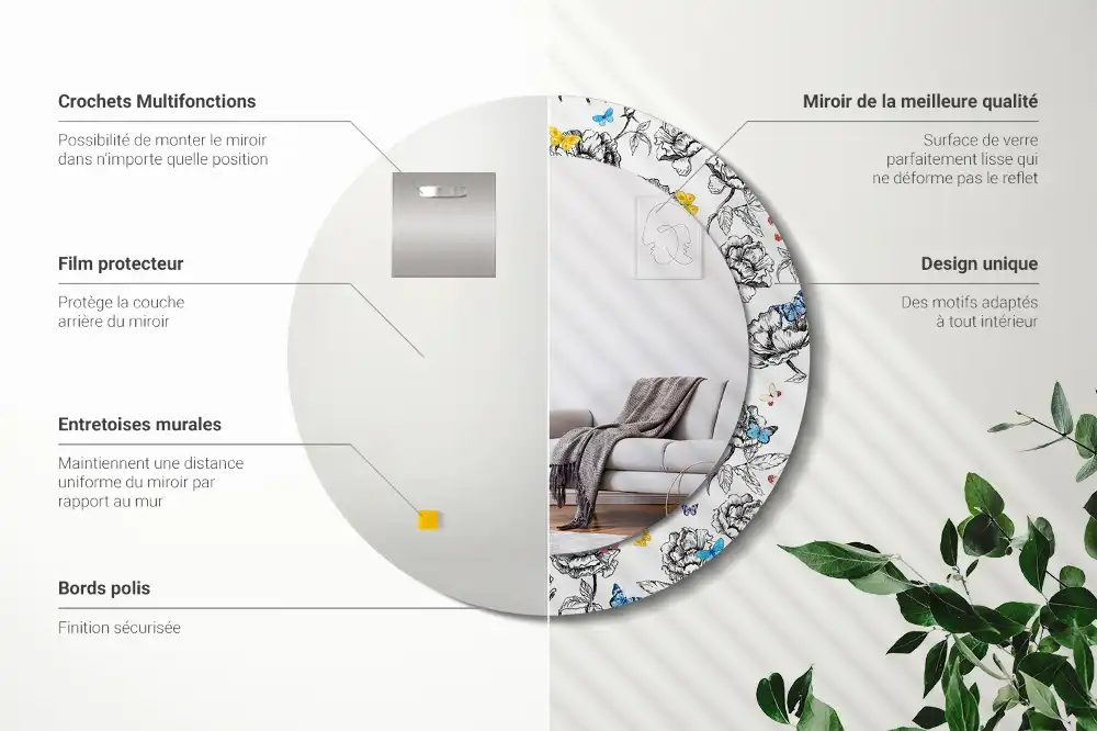 Rund spegel med tryckt ram Färgglada fjärilar