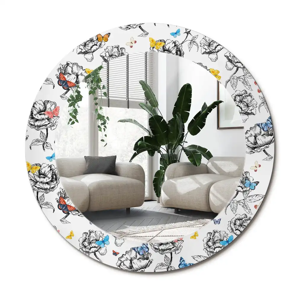 Rund spegel med tryckt ram Färgglada fjärilar