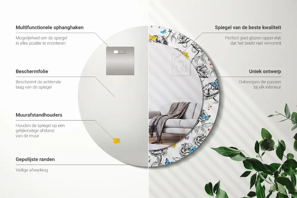 Rund spegel med tryckt ram Färgglada fjärilar