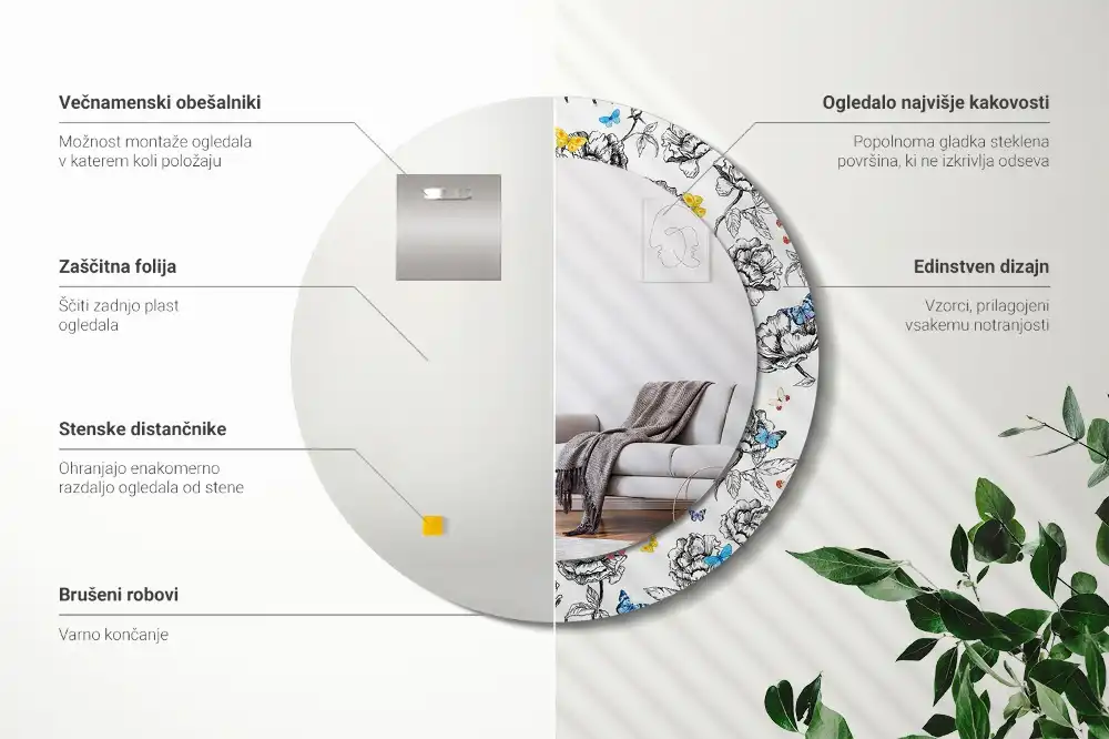 Rund spegel med tryckt ram Färgglada fjärilar