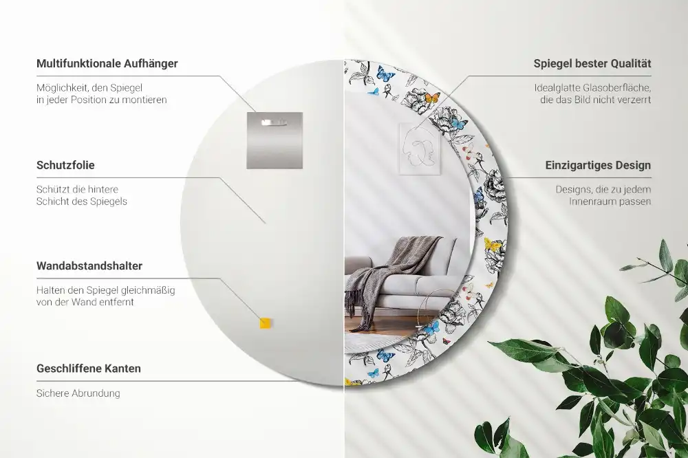 Rund spegel med tryckt ram Färgglada fjärilar