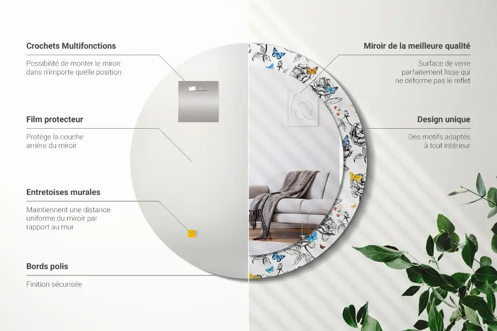 Rund spegel med tryckt ram Färgglada fjärilar