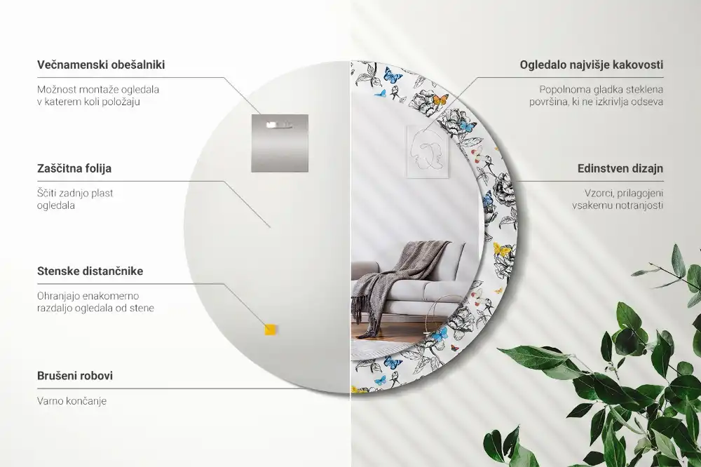 Rund spegel med tryckt ram Färgglada fjärilar