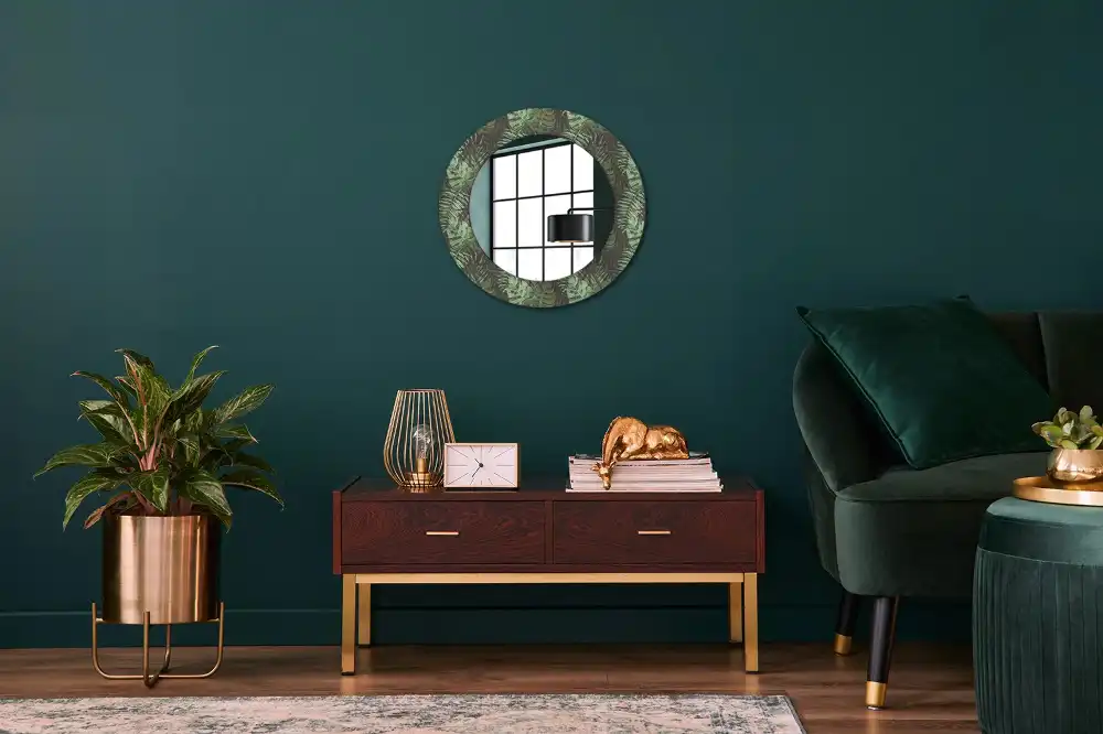 Rund spegel med tryckt Tropiska löv