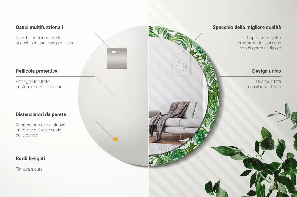 Rund spegel med tryckt ram Djungellöv