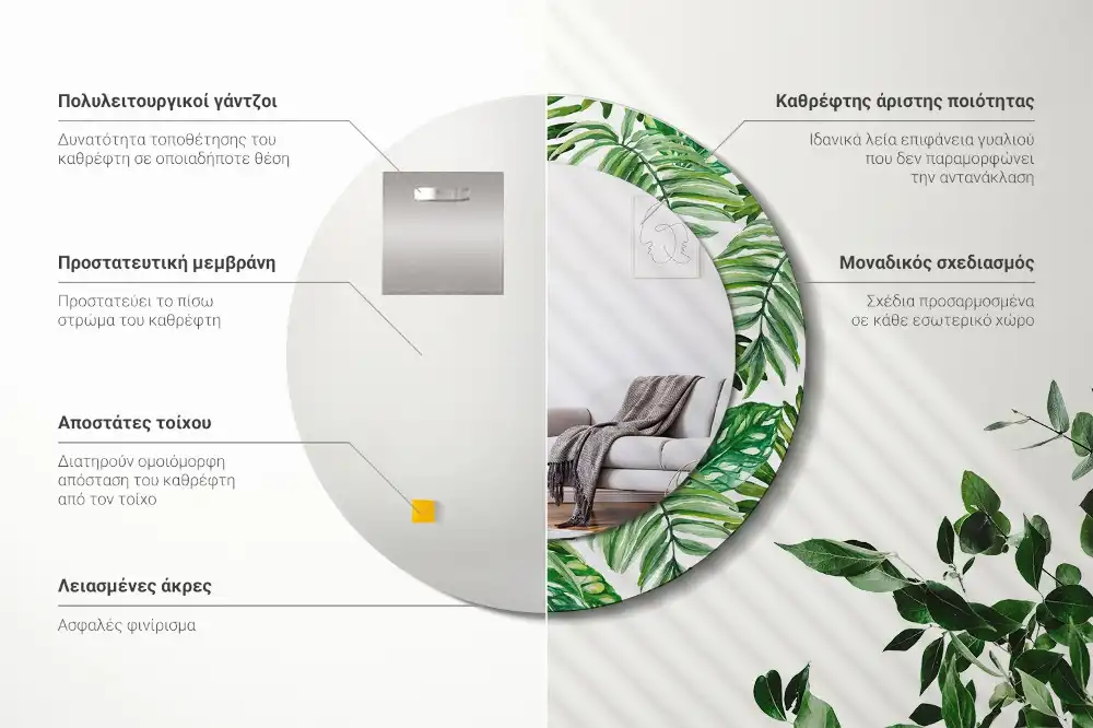 Rund spegel med tryckt ram Djungellöv