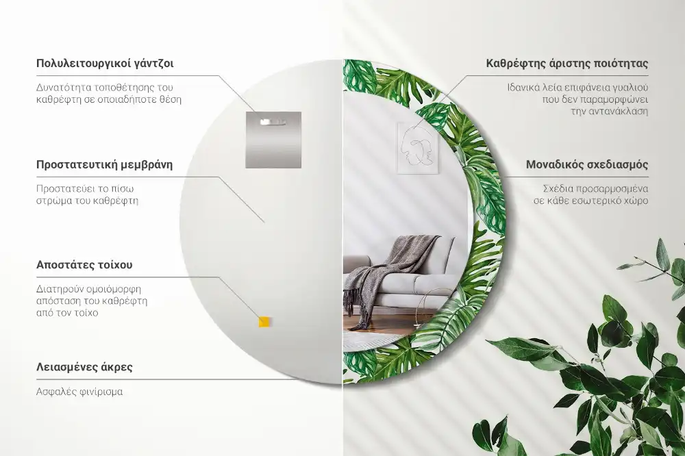 Rund spegel med tryckt ram Djungellöv