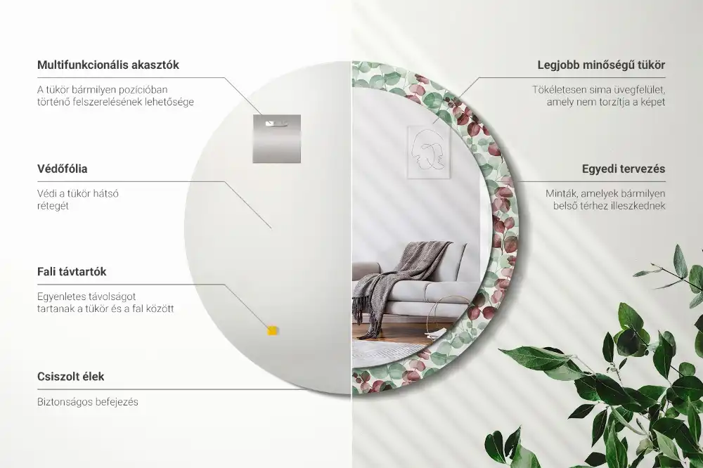 Rund spegel med tryckt Eukalyptus