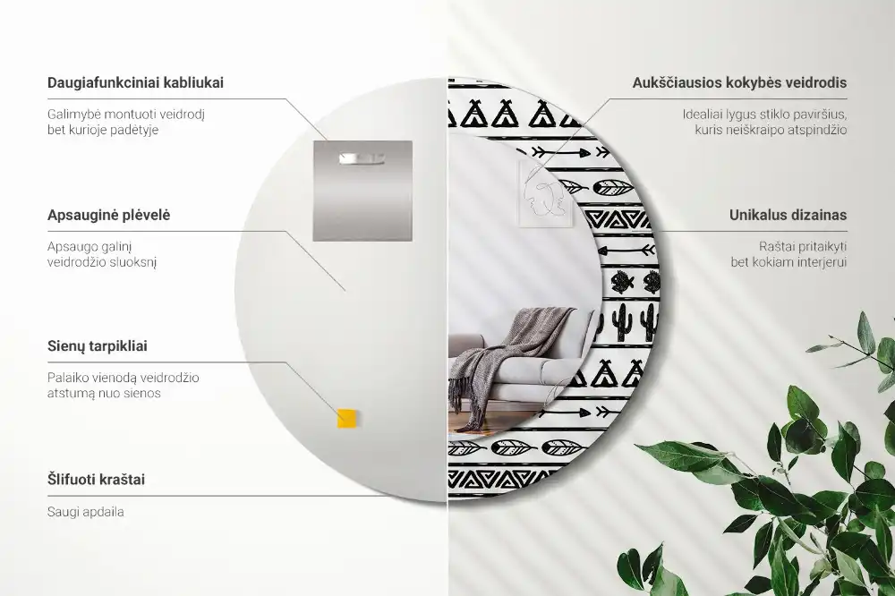 Rund spegel med tryckt ram Boho minimalistisk