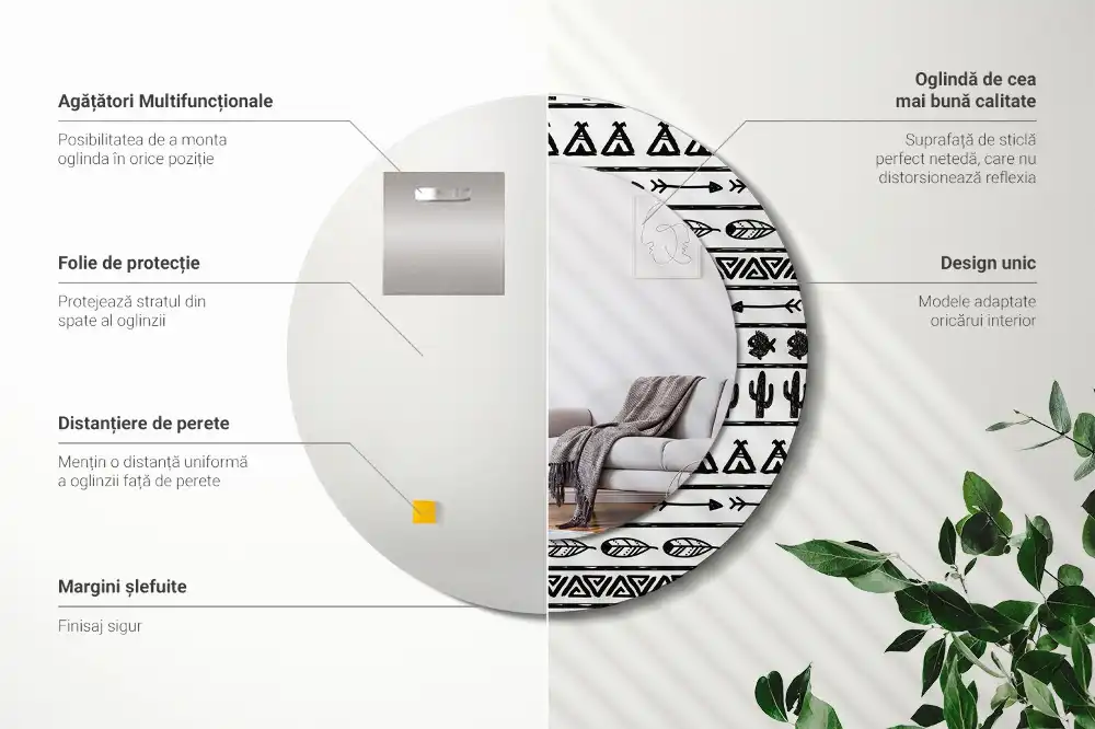 Rund spegel med tryckt ram Boho minimalistisk