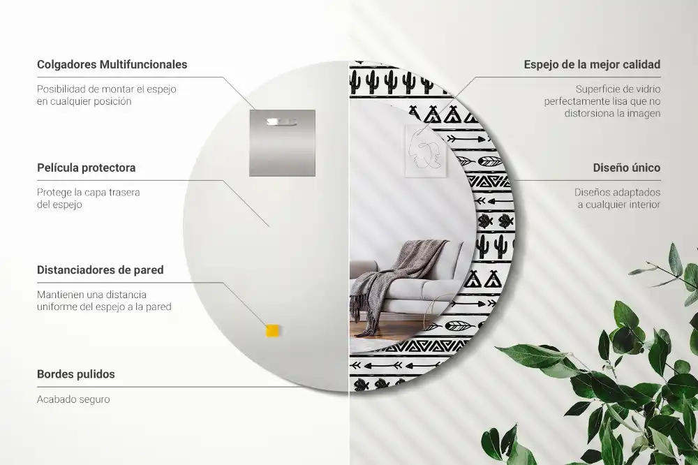 Rund spegel med tryckt ram Boho minimalistisk