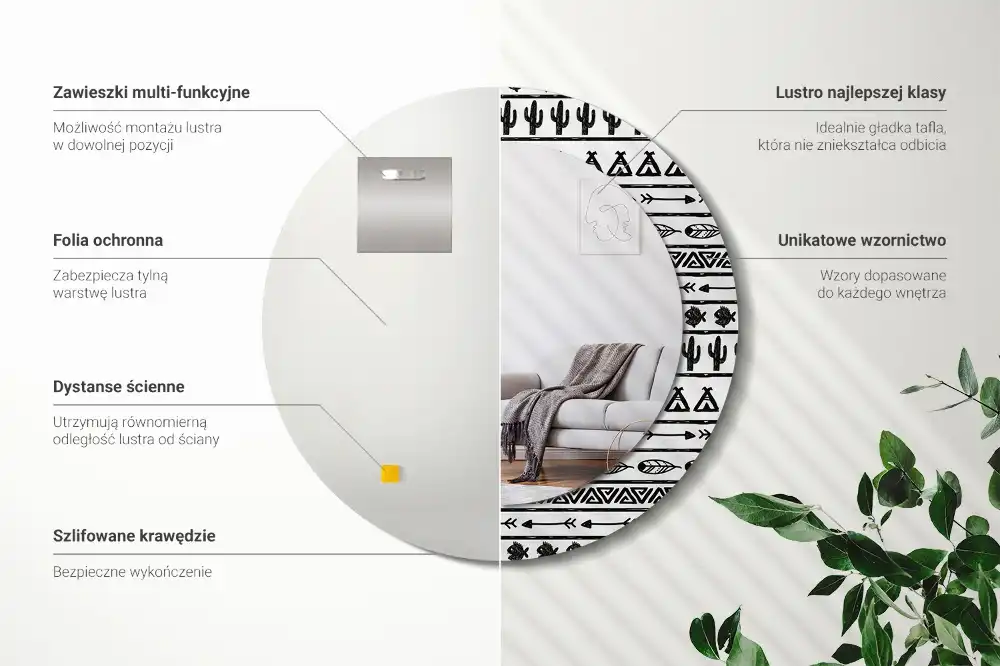 Rund spegel med tryckt ram Boho minimalistisk