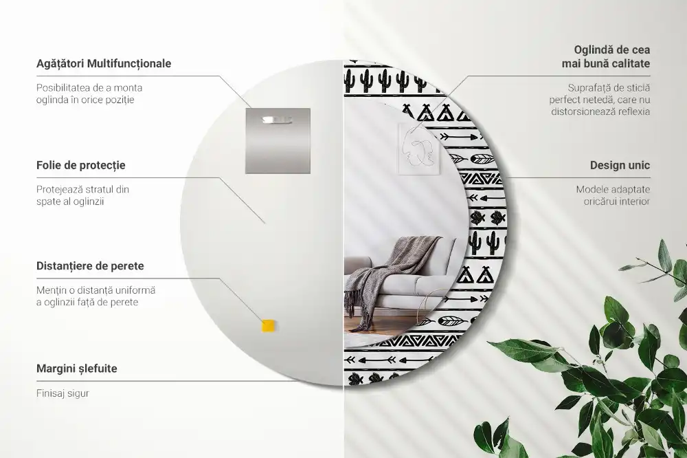 Rund spegel med tryckt ram Boho minimalistisk