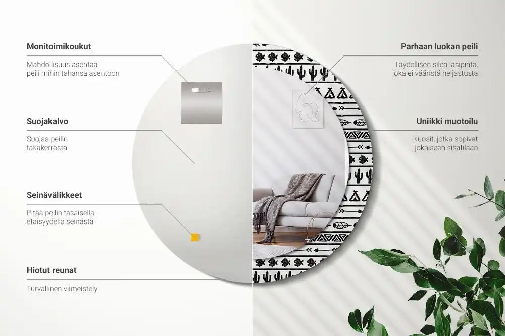 Rund spegel med tryckt ram Boho minimalistisk