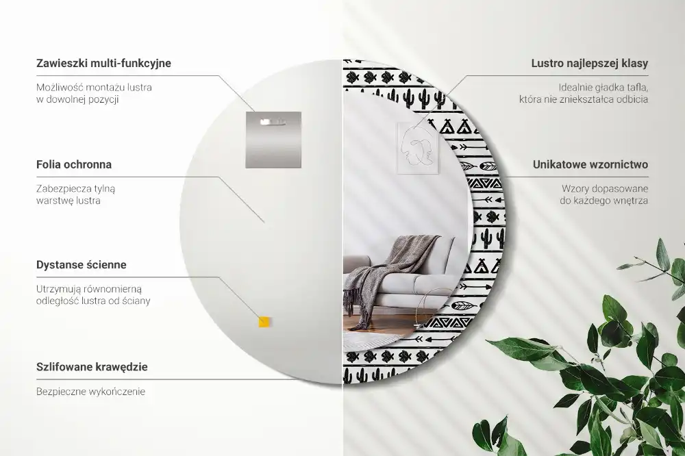 Rund spegel med tryckt ram Boho minimalistisk