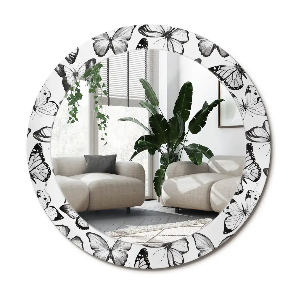 Rund spegel med tryckt ram Fjärilar
