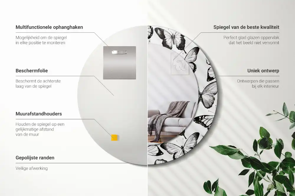 Rund spegel med tryckt ram Fjärilar