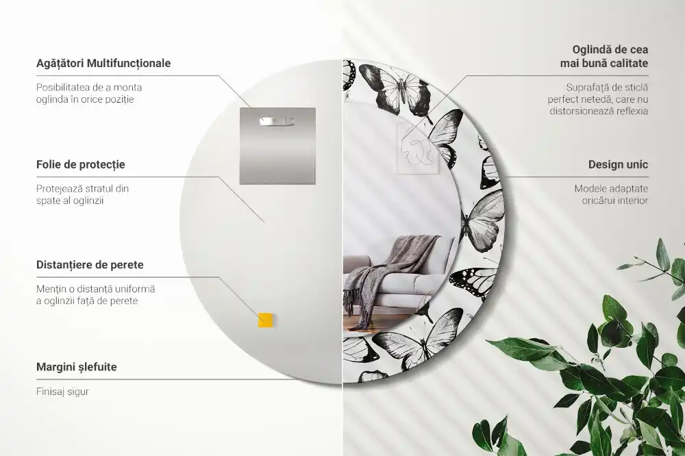 Rund spegel med tryckt ram Fjärilar