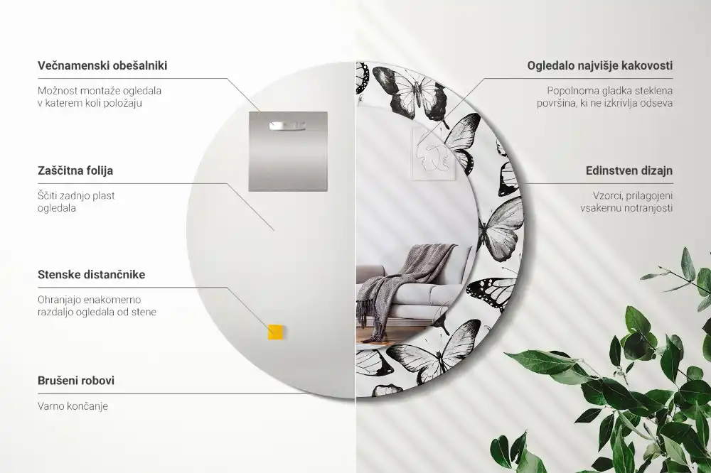 Rund spegel med tryckt ram Fjärilar