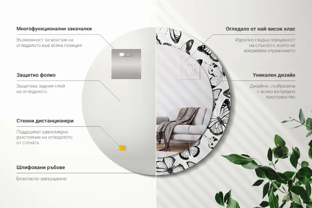 Rund spegel med tryckt ram Fjärilar