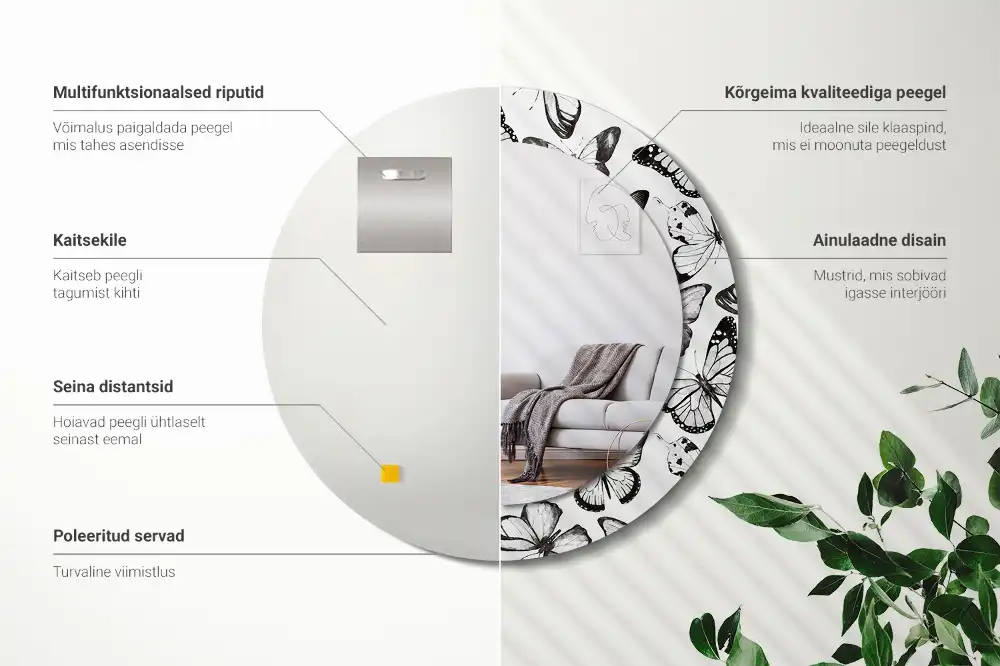 Rund spegel med tryckt ram Fjärilar