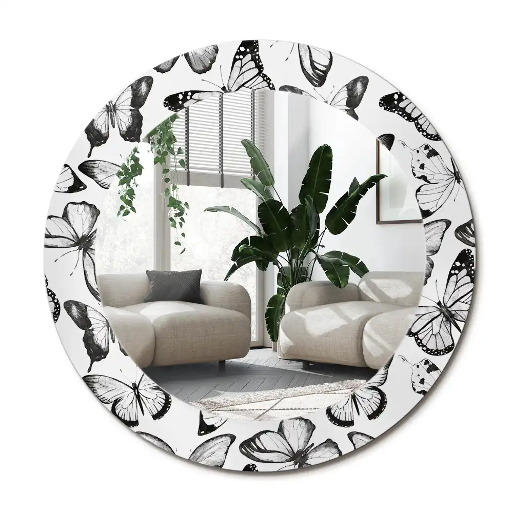 Rund spegel med tryckt ram Fjärilar