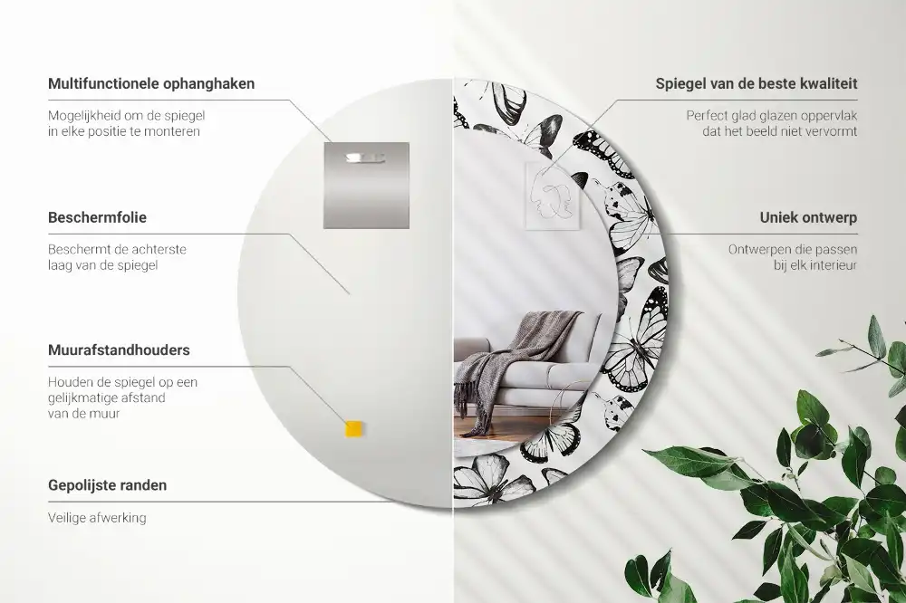 Rund spegel med tryckt ram Fjärilar