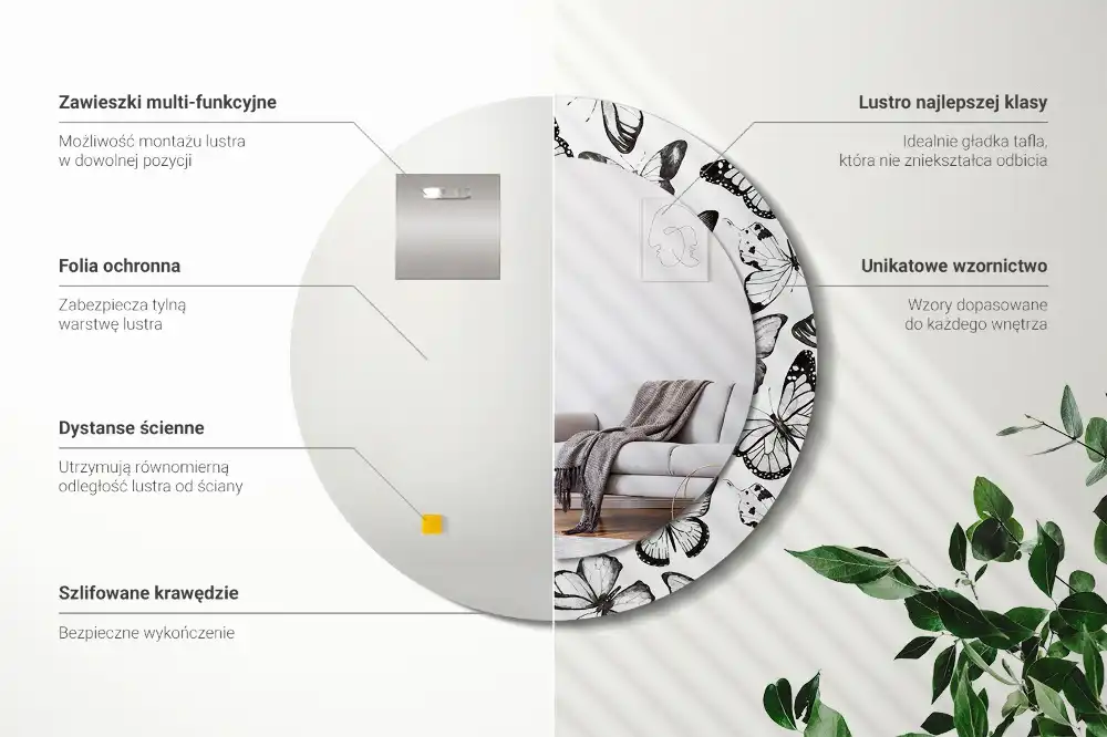 Rund spegel med tryckt ram Fjärilar