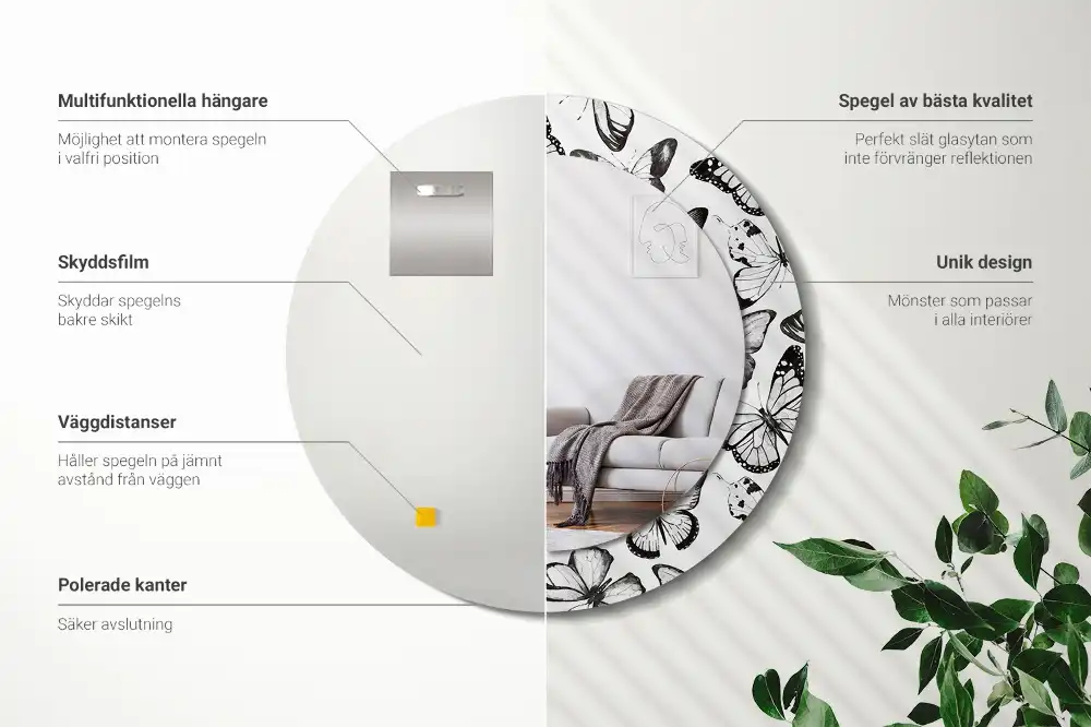 Rund spegel med tryckt ram Fjärilar