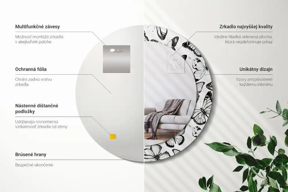 Rund spegel med tryckt ram Fjärilar