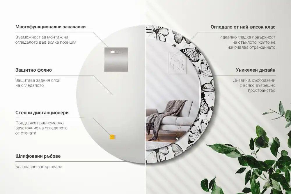 Rund spegel med tryckt ram Fjärilar