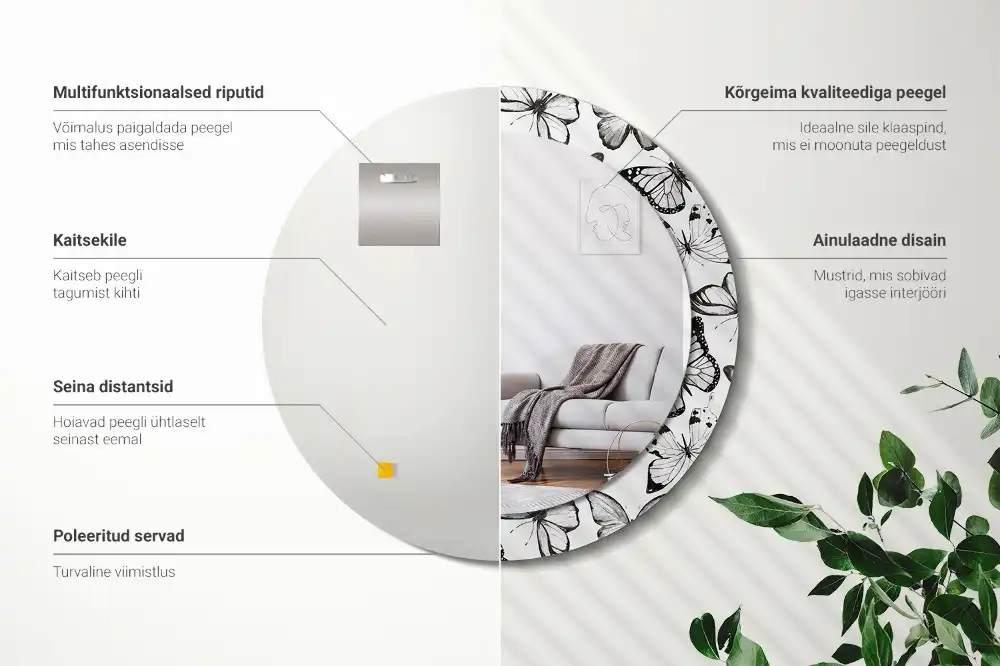 Rund spegel med tryckt ram Fjärilar