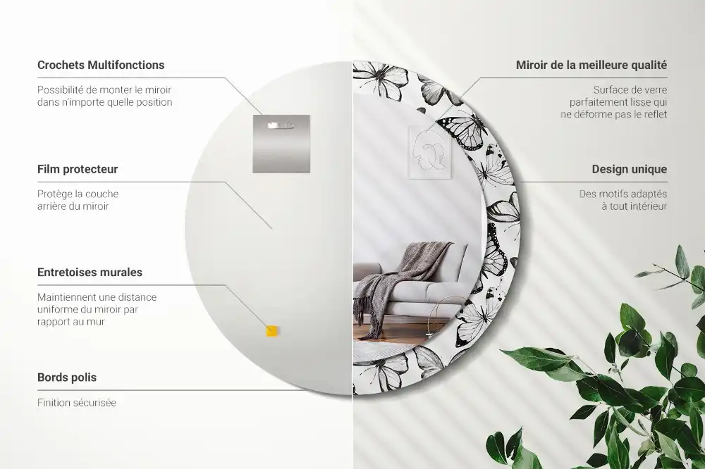 Rund spegel med tryckt ram Fjärilar