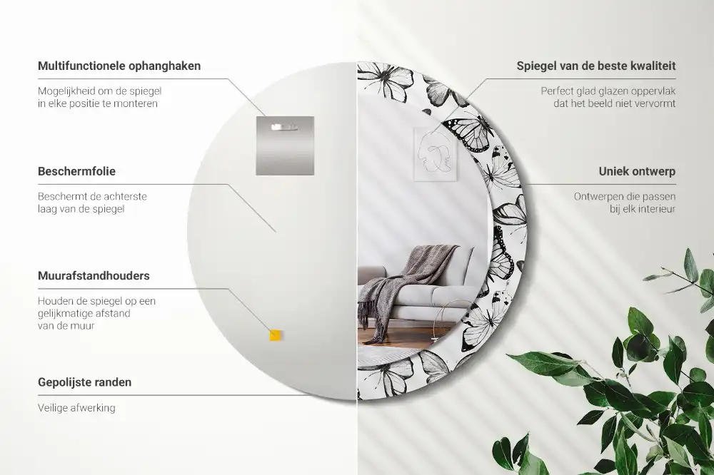 Rund spegel med tryckt ram Fjärilar