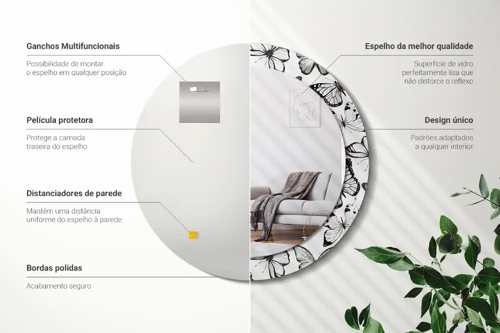 Rund spegel med tryckt ram Fjärilar