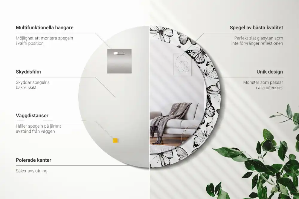 Rund spegel med tryckt ram Fjärilar