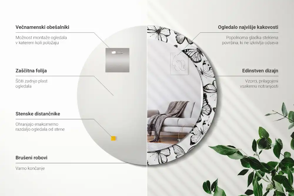 Rund spegel med tryckt ram Fjärilar