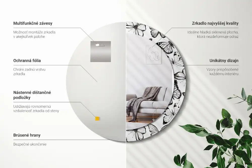 Rund spegel med tryckt ram Fjärilar