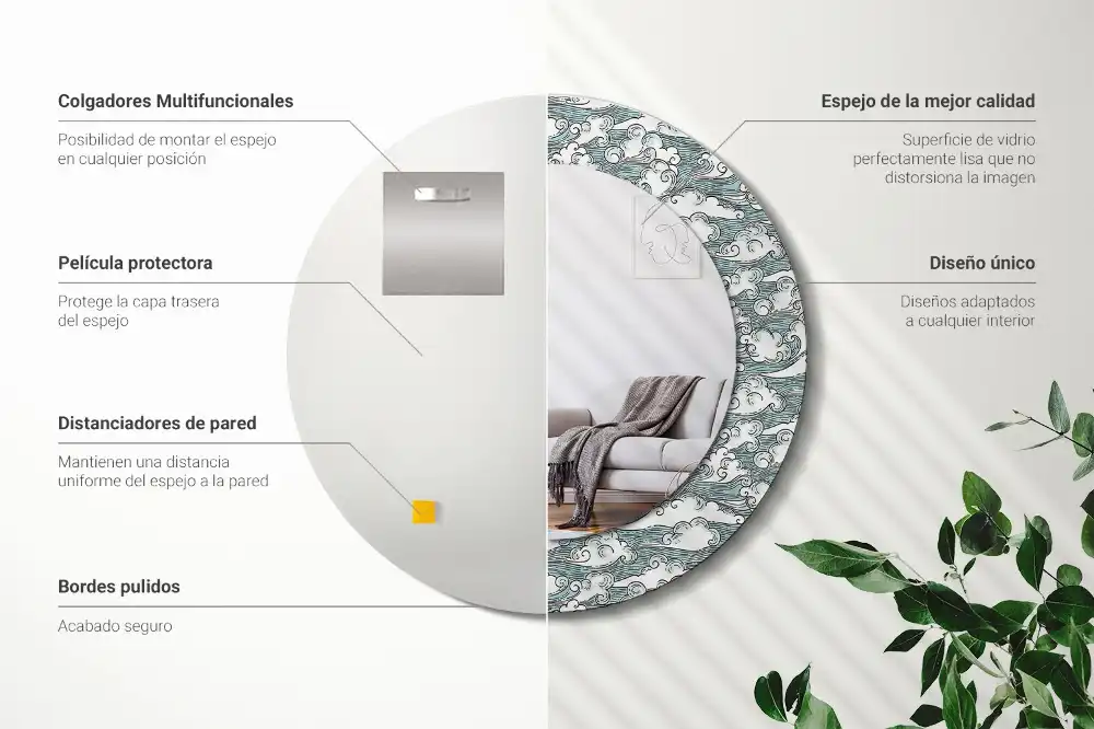 Rund spegel med tryckt Moln