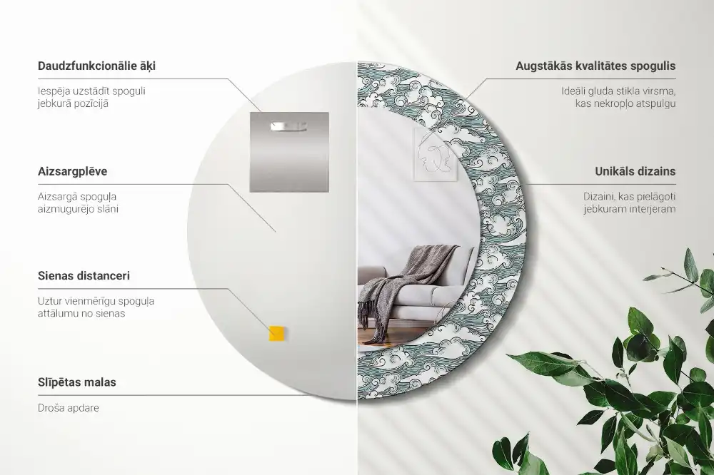 Rund spegel med tryckt Moln