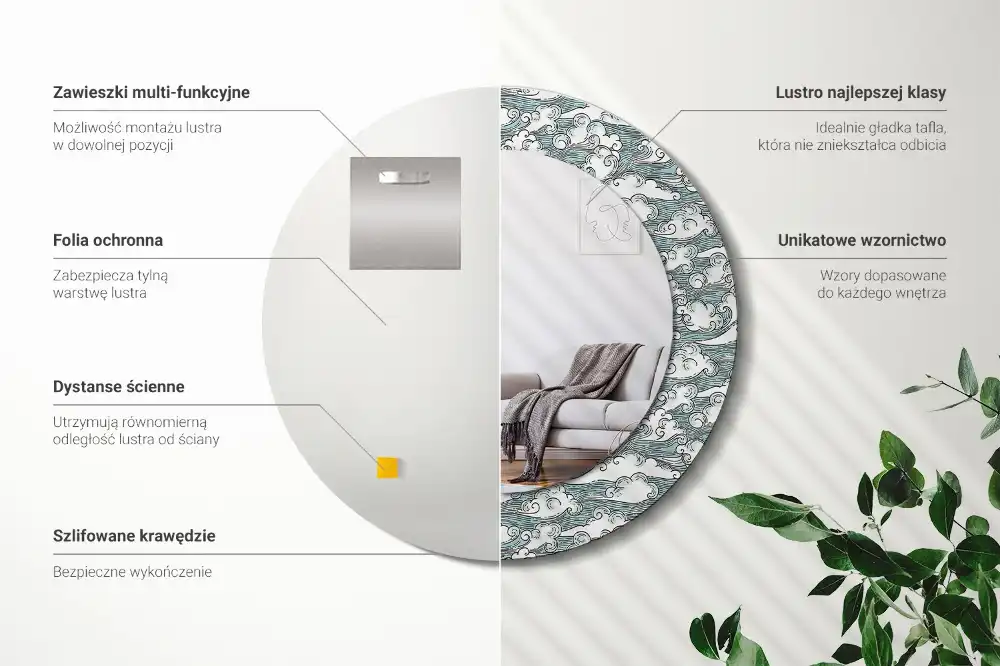 Rund spegel med tryckt Moln