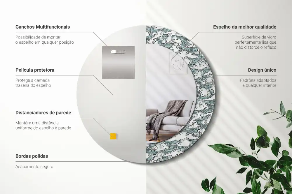 Rund spegel med tryckt Moln