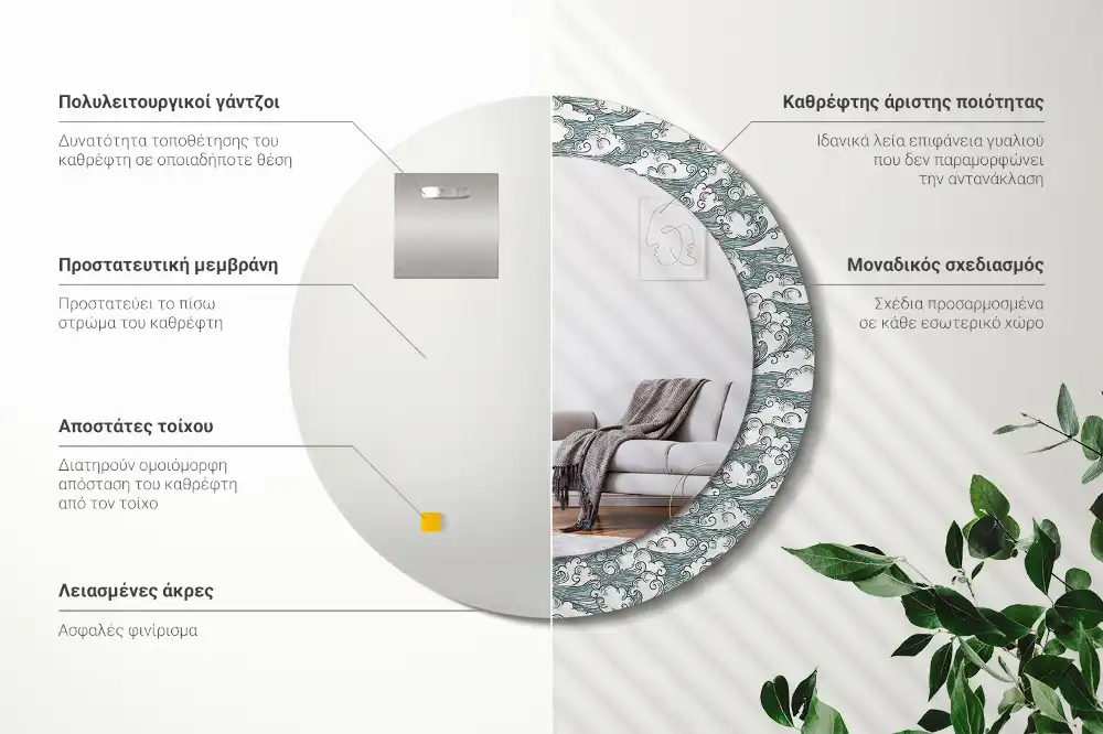 Rund spegel med tryckt Moln